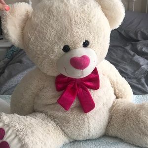 White teddy bear with pink accents